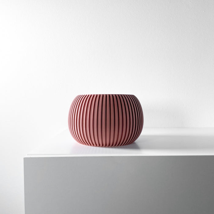 Modern 3D printed flower pot with vertical grooves in deep red | decorative planter for shelf or desk display | sustainable home accessory
