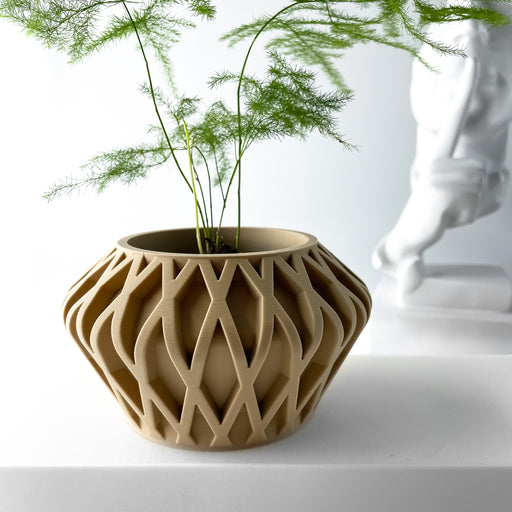 Futuristic 3D printed planter with twisting lattice structure and tapered silhouette, decorative flower pot for modern interiors and artistic plant display