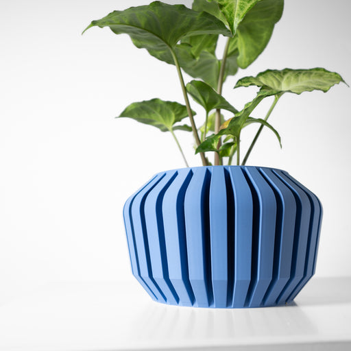 3D printed pleated planter pot with sculptural vertical ridges and rounded silhouette, modern decorative pot