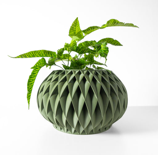 3D printed planter with triangular ridges and rounded body, geometric succulent pot with sculptural vertical texture and modern design
