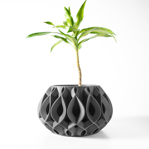 3D printed planter pot with symmetrical teardrop-shaped cutouts and rounded spherical body, smooth rim surrounding wide circular top opening