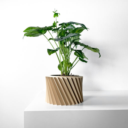 Beige 3D printed flower pot with twisted diagonal ridges | sculptural planter for indoor plants and modern home decor