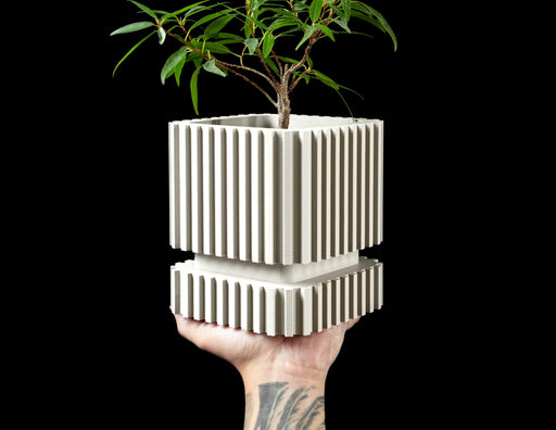 3d printed planter pot with modern vertical slats and square form, ideal large planter for housewarming gift or succulent pots