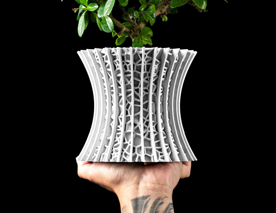 Vora architectural lattice indoor planter with plant, front view