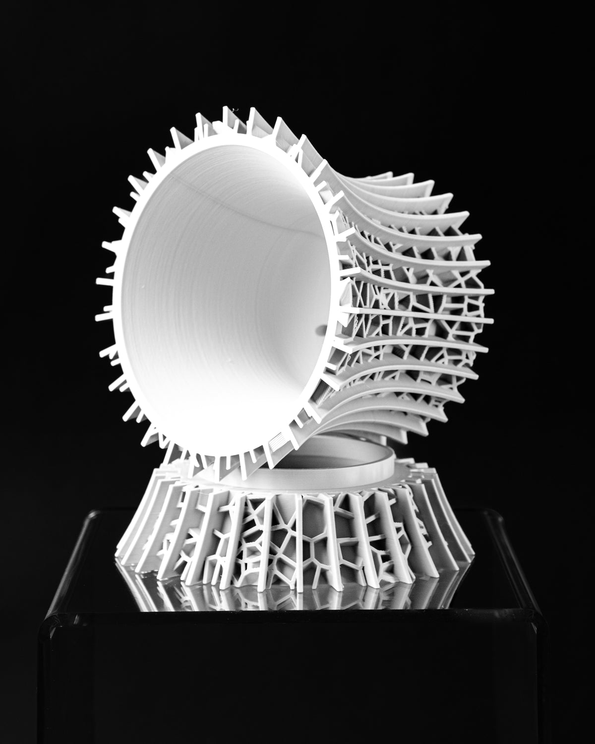 Vora lattice planter showing inner vessel and openwork outer shell, top view