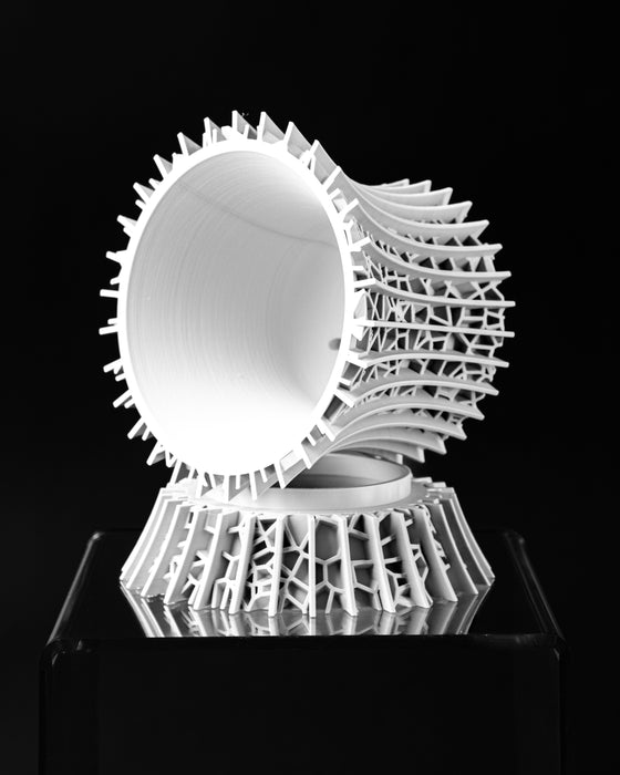 Vora lattice planter showing inner vessel and openwork outer shell, top view