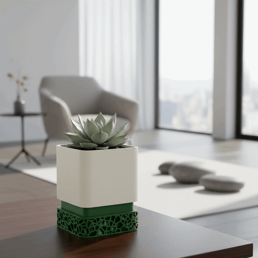 White and green Vori Square planter with a succulent in a modern living room