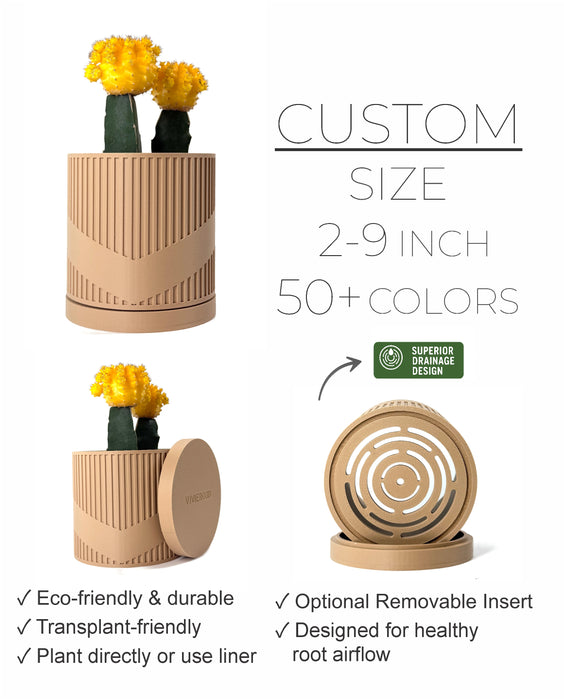 Low planter pot designed with a distinctive spiral texture and filled with vivid yellow cacti. This 3D printed flower pot serves as a functional and decorative piece, making it one of the most unique planter pots for indoor planters or succulent pots. Great as a book plant pot or part of a stylish pots and planters collection, it’s also a thoughtful gift for mom or a unique home decor accent.