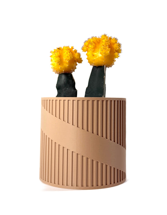 Bottom view of the planter pot with a close-up of the custom drainage insert, designed for airflow and root health. This 3D printed flower pot is part of a unique planter collection perfect for succulents or indoor plants. Great for small spaces like desks or bookshelves, making it an ideal book plant pot or low planter pot. A smart and ornate flower pot solution and a meaningful gift for mom.

