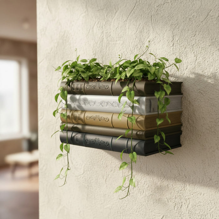 Wall planter "Orven" with five multicolor books and trailing green indoor plants