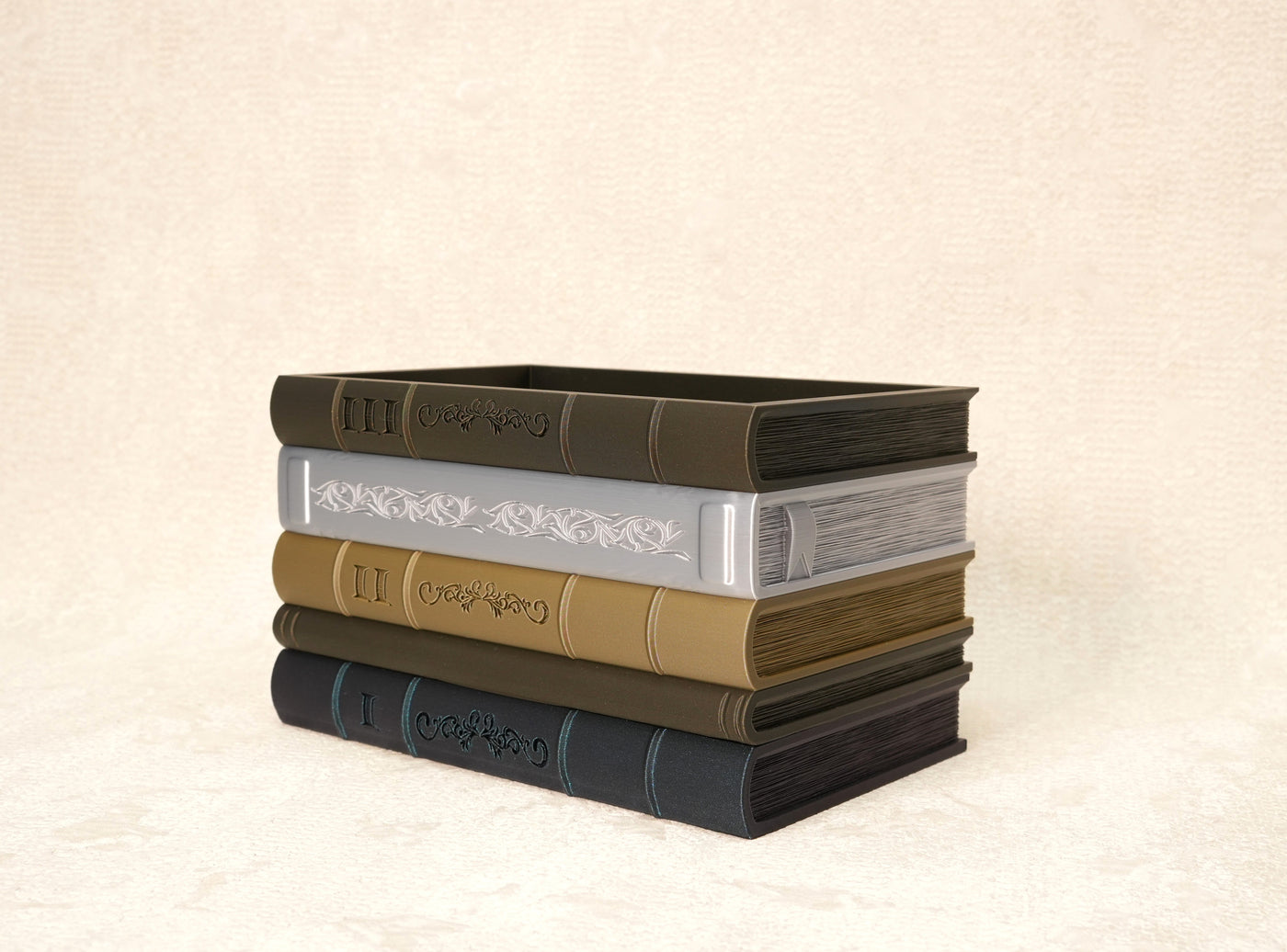 Side view of the book shaped planter "Orven" with embossed book spines and page textures