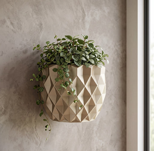 Wall planter “Prizma” with geometric faceted texture for modern indoor plant wall decor