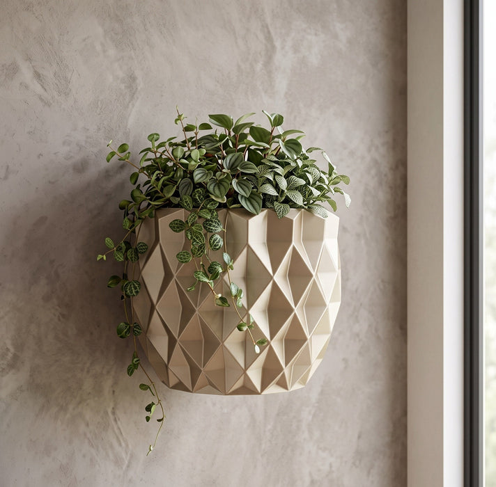 Wall planter “Prizma” with geometric faceted texture for modern indoor plant wall decor