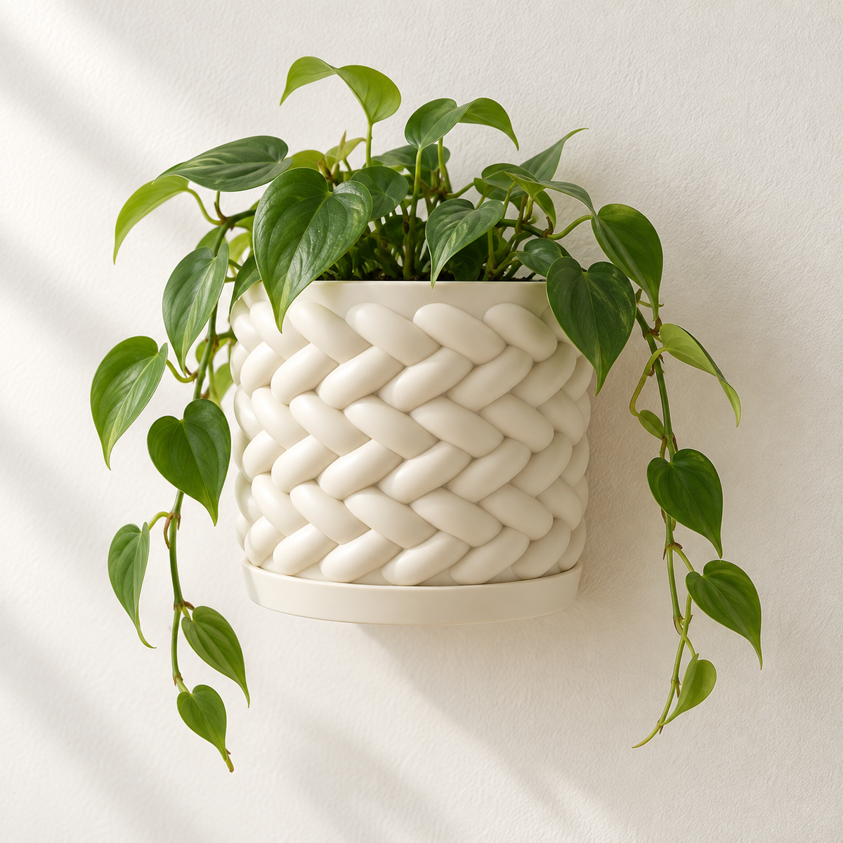 Cream Braido wall planter with raised braided texture and trailing heart-shaped leaves.
