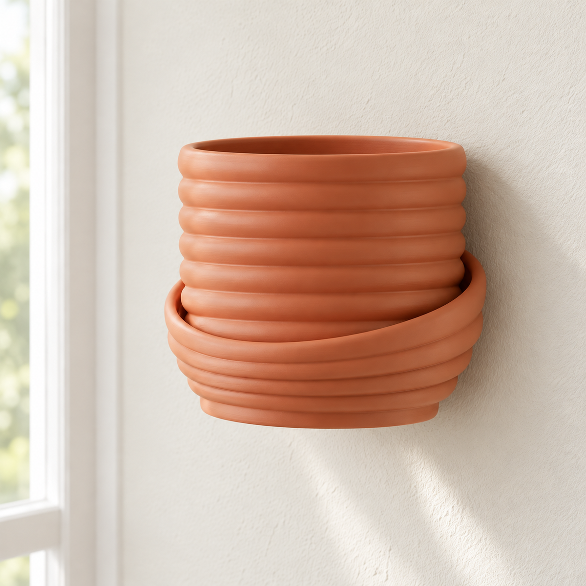 Empty terracotta-colored Viren wall planter mounted beside a window, showing its sweeping spiral base.
