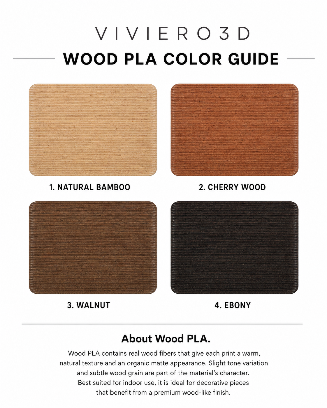 Viviero3D Wood Fiber PLA color guide with four wood tones