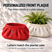 Zipra pouch planter personalization guide showing two-letter front plaques in the same color as the red and ivory planters