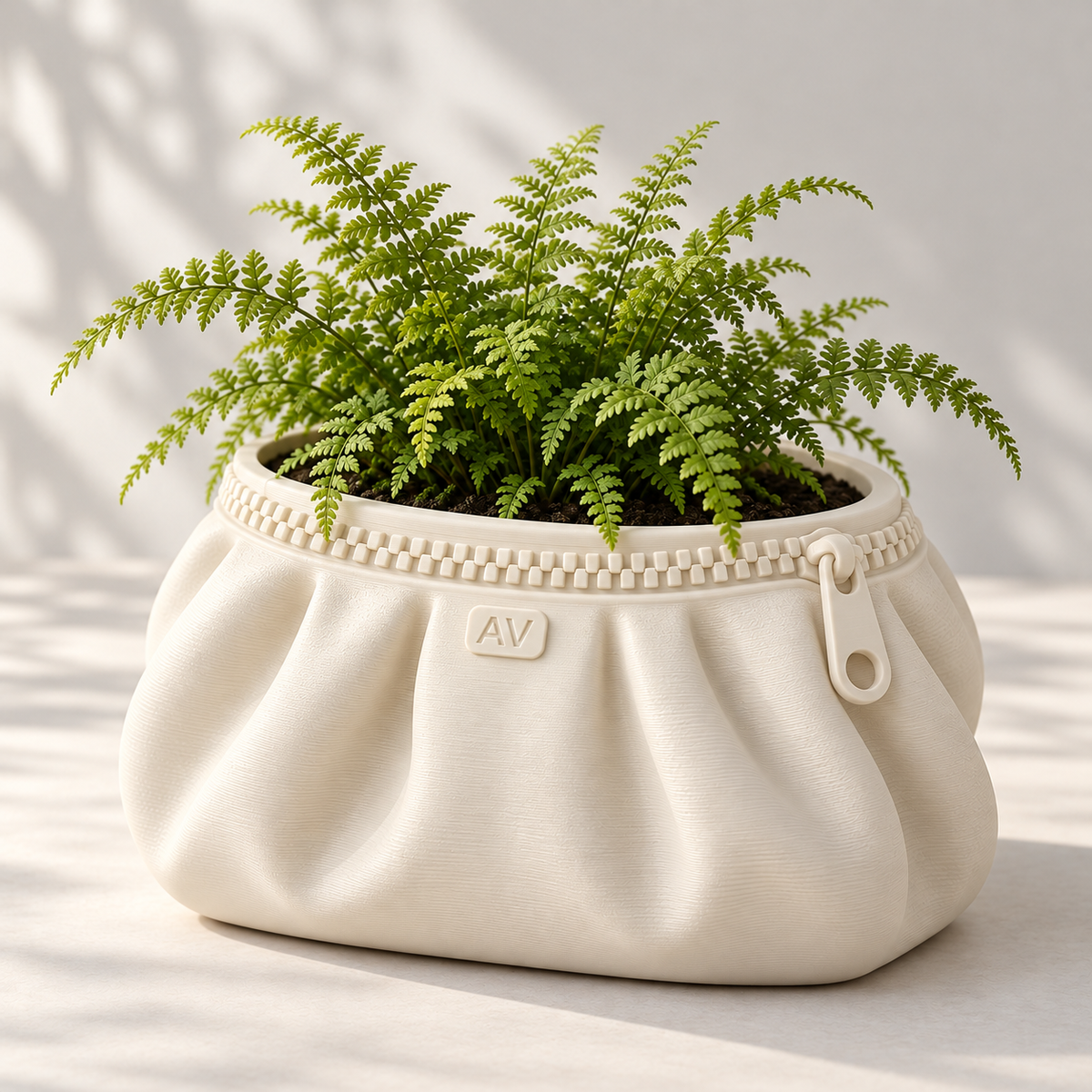 Ivory Zipra pouch planter with AV initials, decorative zipper and fern; styled example